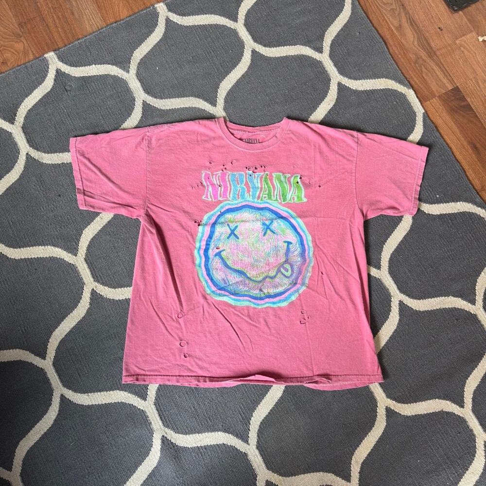 Pink Nirvana Smiley Face Graphic T-Shirt